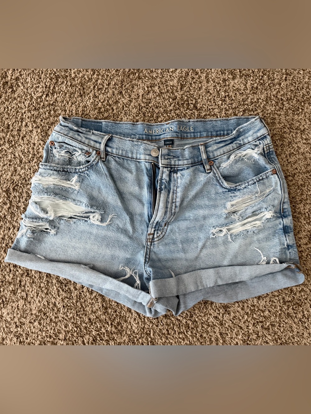 American Eagle Outfitters Light Wash Distressed Rolled-Hem Jean Shorts